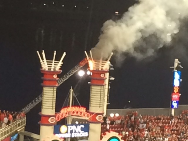 Smoke Stack catchs fire at Great American Ball Park during the game