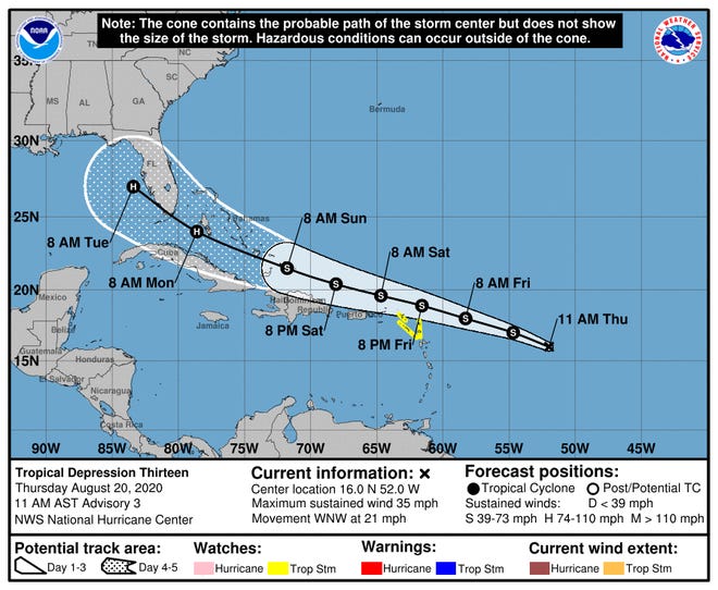 The forecast path of Tropical Depression 13 shows it approaching Florida as a hurricane on Monday.